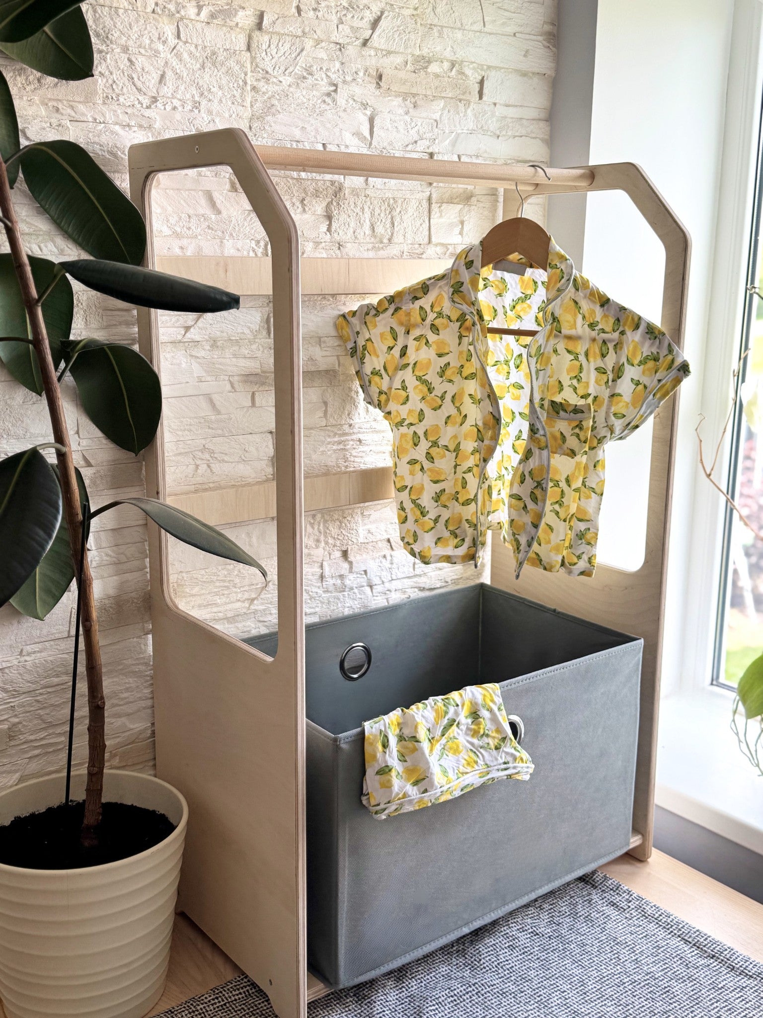 Montessori Wooden Clothes Drying Rack with Storage for Kids